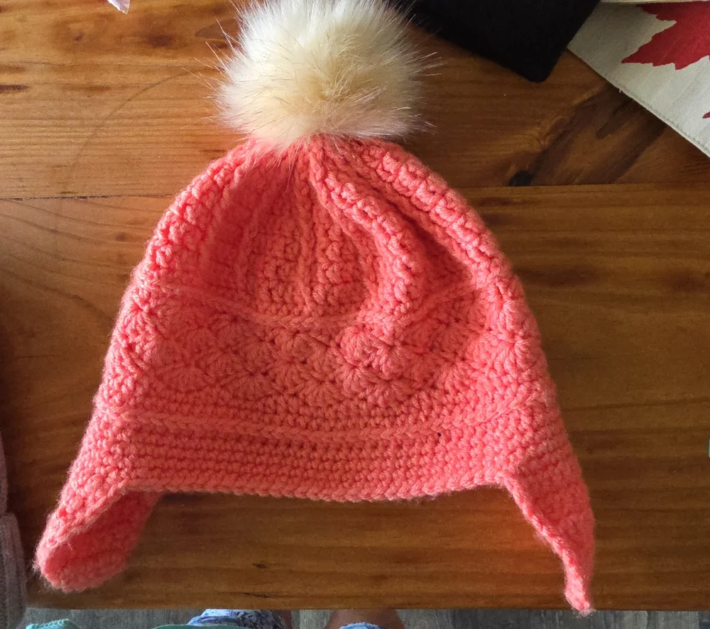 Womens Or  Teen Coral Earflap Knit Hat with Cream Faux Fur Pom Pom